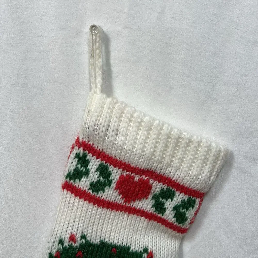 Vintage Knit Christmas Stocking with Wreath & Hearts Red White Green Country